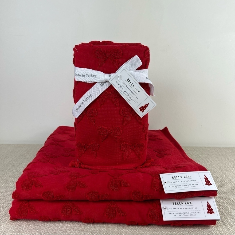Bella Lux Bathroom Towel Set Christmas Collection Red Bows Cotton Set of 4 NEW